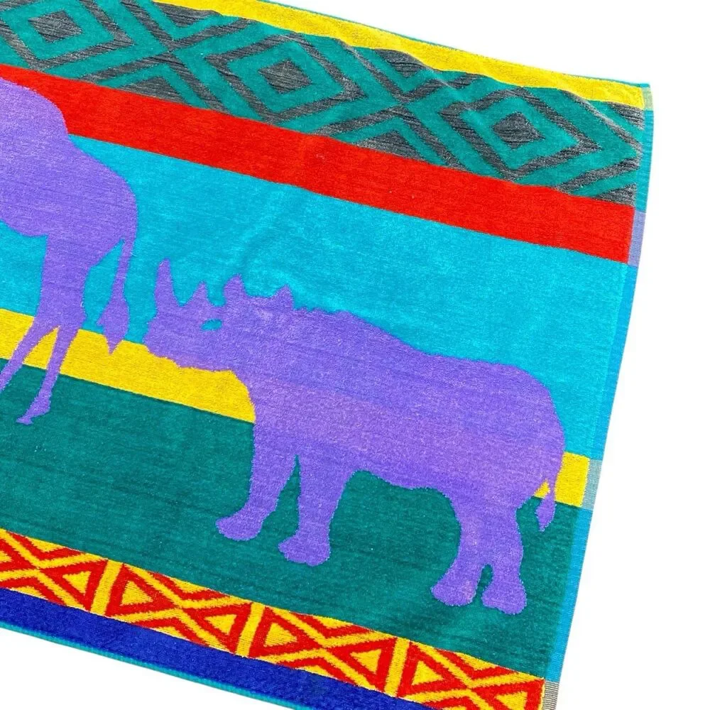 Vtg 90's TROPICS Terry SAFARI ANIMALS Beach Towel Retro Vibrant Colorful 56x26